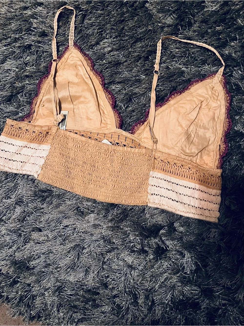 Free People Crochet Bralette in Cream, Tan & Burgundy Trim
